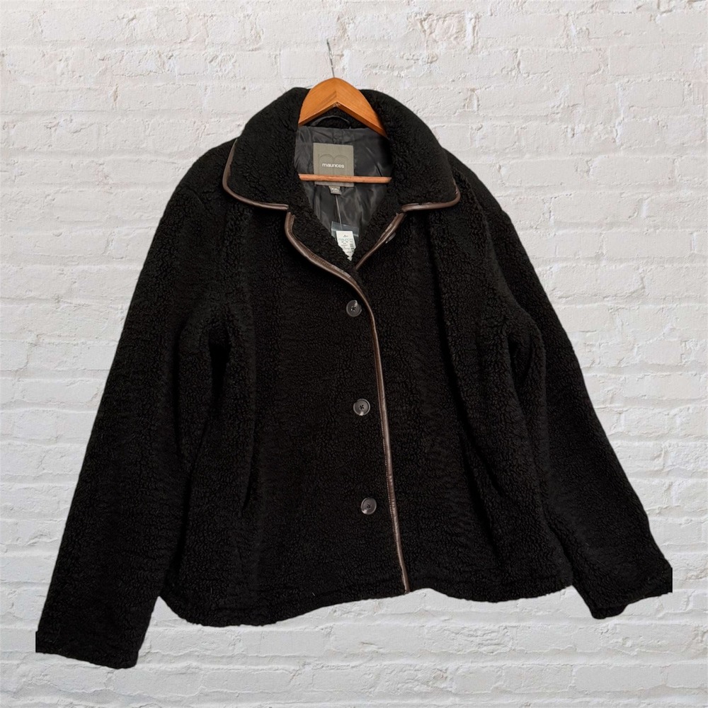Maurices Black Faux Fur Sherpa Jacket XXL Button Front Leather Trim Coat‎ New